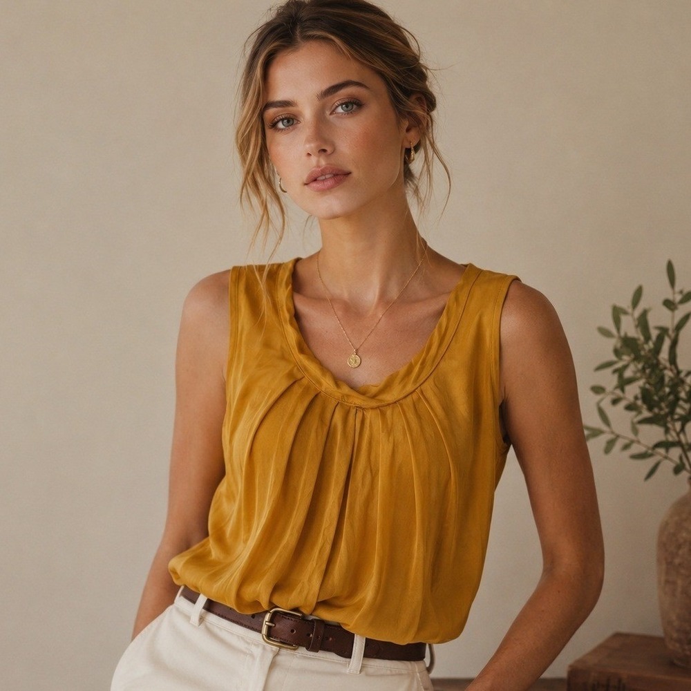 Tina Stephens Silk Pleated Tank Top Womens Size O/S Mustard Yellow Quiet Luxury
